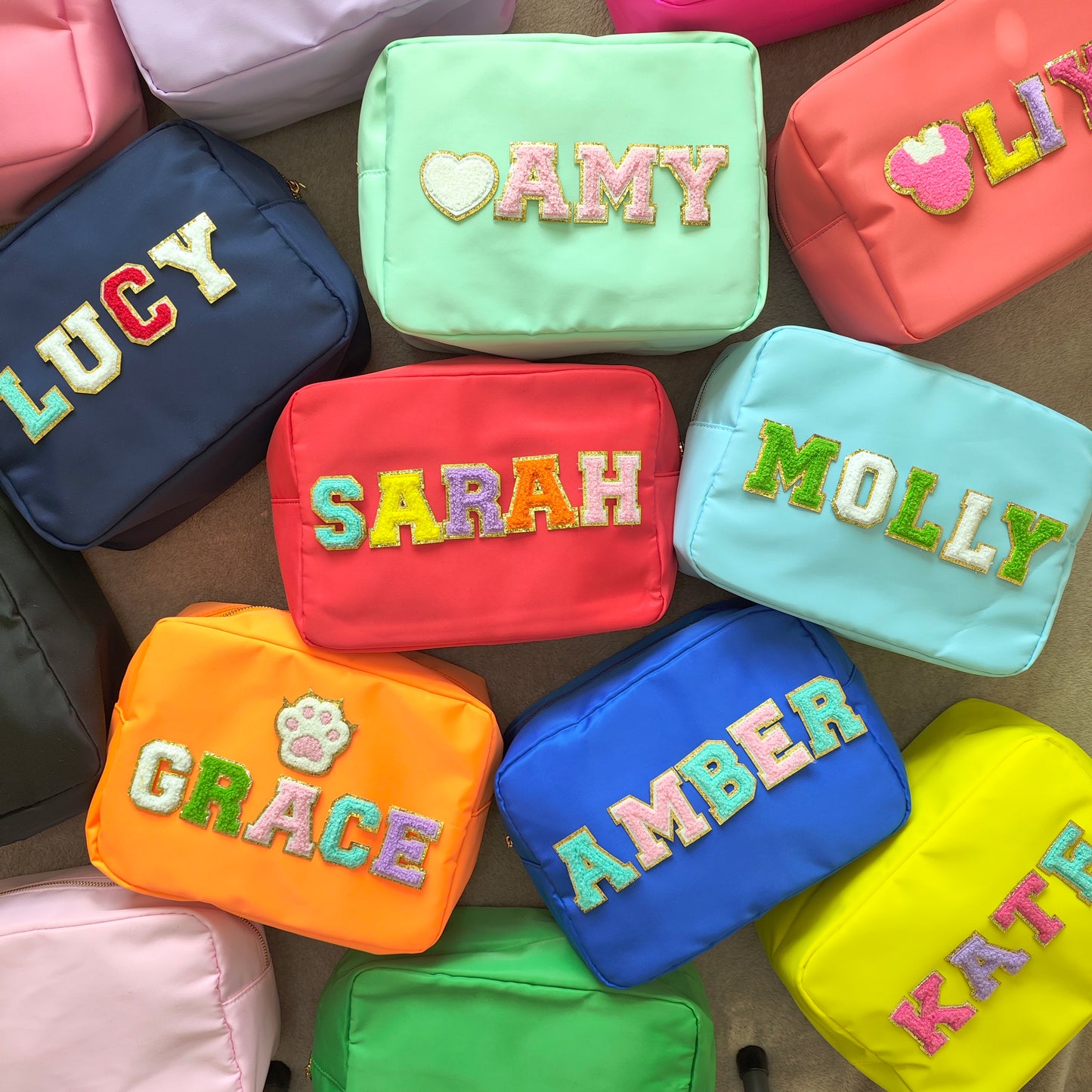 Sewn Patches XL Cosmetic Bag Personalized Makeup Nylon Bag Custom Pouch Chenille Patch X-Large Travel Case Large Toiletry spf Bag Bridesmaid Gift