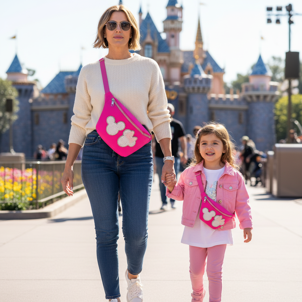 Mouse Fanny Pack Sewn On Patches Jumbo XL Size Fanny Pack Chenille Monogram X-Large Crossbody Bag Belt Chest Shoulder Sling Bag