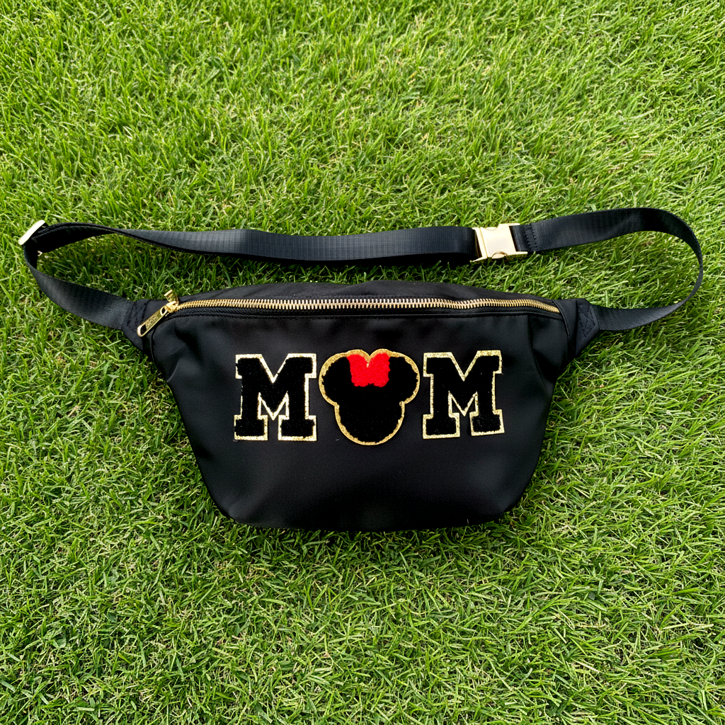 Mouse Fanny Pack Mom Fanny Pack Sewn On Patches Jumbo XL Size Fanny Pack Mama Mother Chenille Monogram X-Large Crossbody Bag Belt Chest Shoulder Sling Bag