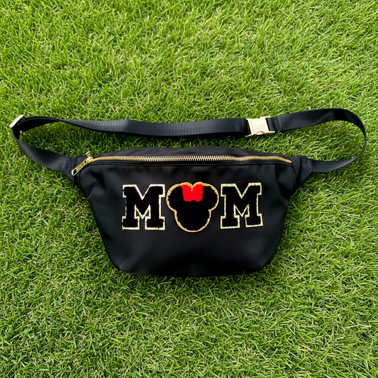 Mouse Fanny Pack Mom Fanny Pack Sewn On Patches Jumbo XL Size Fanny Pack Mama Mother Chenille Monogram X-Large Crossbody Bag Belt Chest Shoulder Sling Bag