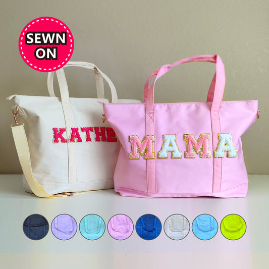 Sewn Patches Tote Bag Personalized Nylon Tote Bag Chenille Letter Patch Custom Overnight Weekend Travel Gym Bag Customizable