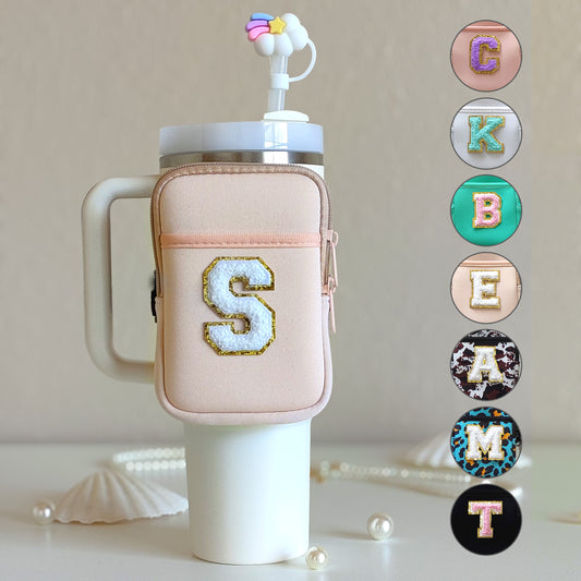 2 pockets Custom Stanley Tumbler Pouch Personalized Water Bottle Bag Chenille Pouch Fanny Pack 40oz 30oz Stanley Cup Accessories Bridesmaid Gifts Mom