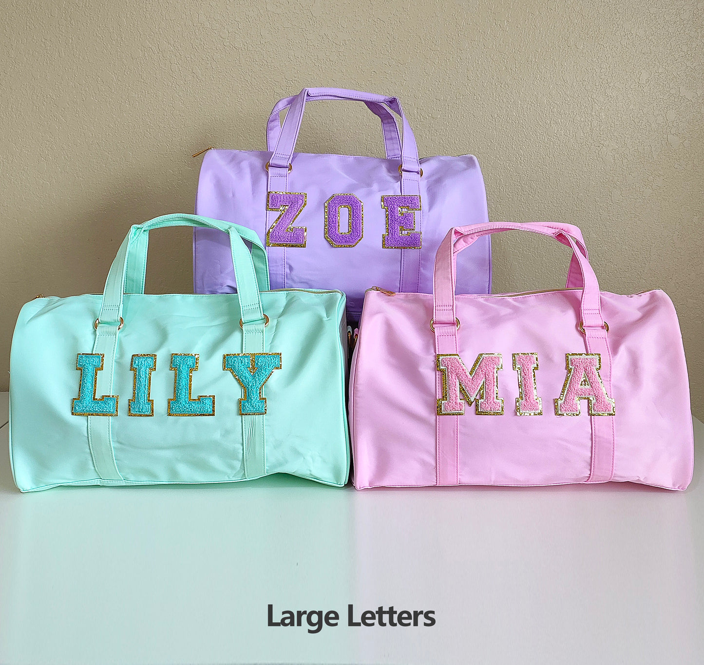 Sewn Patches Duffle Bag Personalized Nylon Duffle Bag Chenille Letter Patch Custom Overnight Weekend Travel Gym Bag Customizable