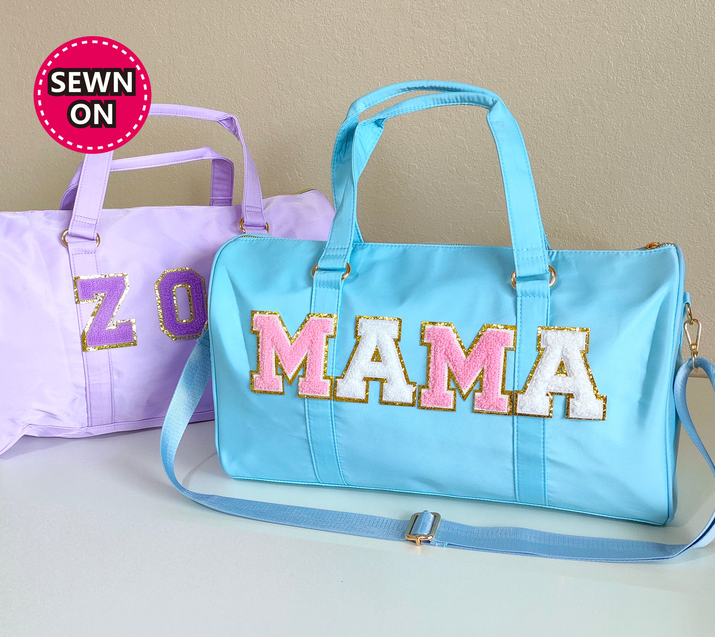 Sewn Patches Duffle Bag Personalized Nylon Duffle Bag Chenille Letter Patch Custom Overnight Weekend Travel Gym Bag Customizable