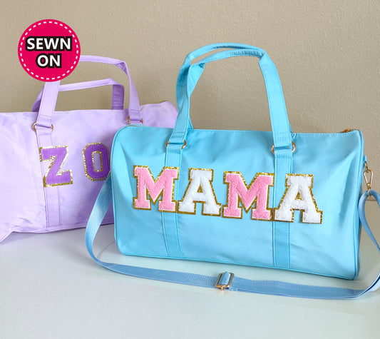 Sewn Patches Duffle Bag Personalized Nylon Duffle Bag Chenille Letter Patch Custom Overnight Weekend Travel Gym Bag Customizable