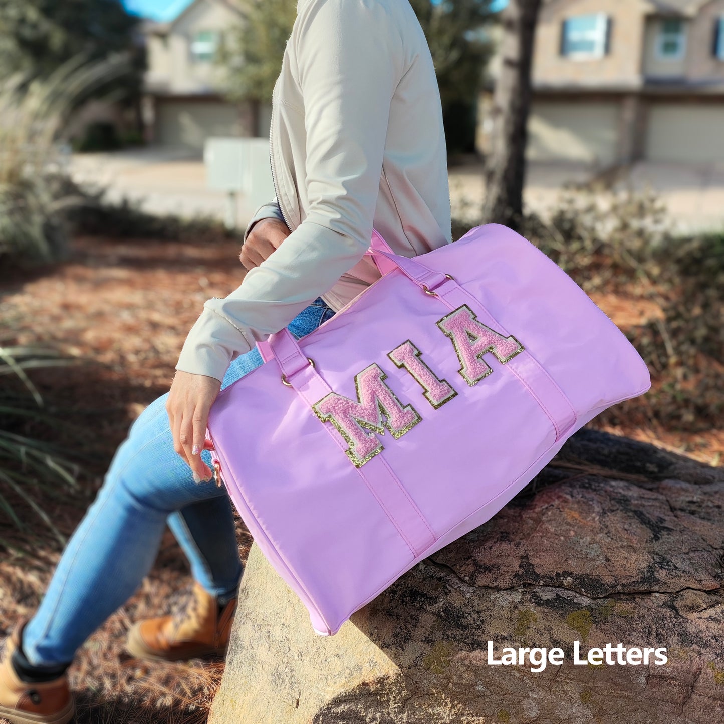 Sewn Patches Duffle Bag Personalized Nylon Duffle Bag Chenille Letter Patch Custom Overnight Weekend Travel Gym Bag Customizable