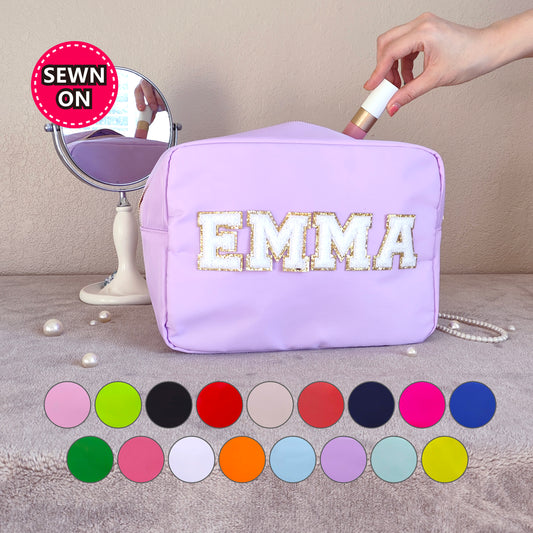 Sewn Patches XL Cosmetic Bag Personalized Makeup Nylon Bag Custom Pouch Chenille Patch X-Large Travel Case Large Toiletry spf Bag Bridesmaid Gift