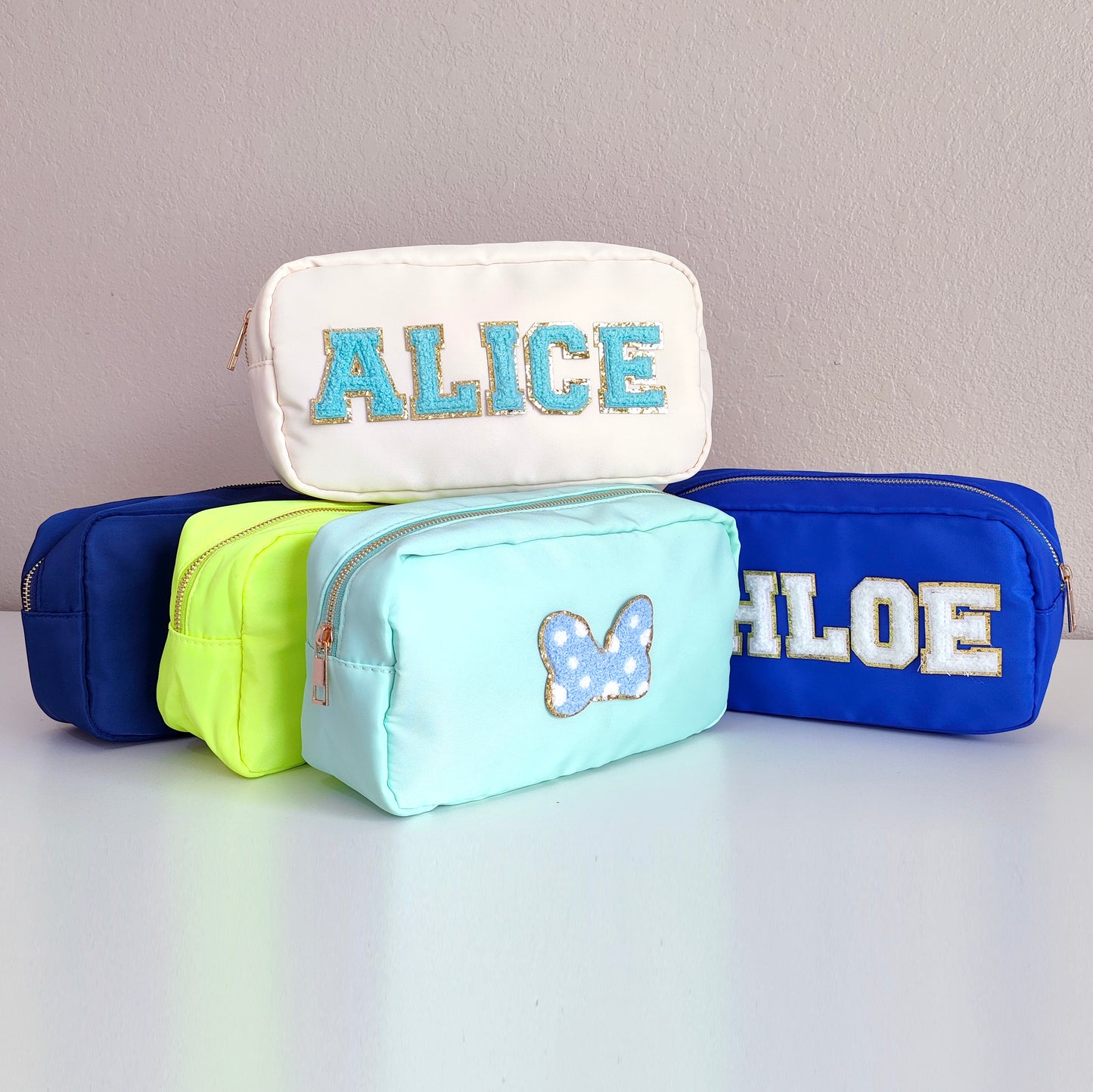 Sewn Patches Large Cosmetic Bag Personalized Nylon Makeup Bag Custom Pouch Chenille Patch Large Size Travel Case Large Toiletry spf Bag Bride Gift