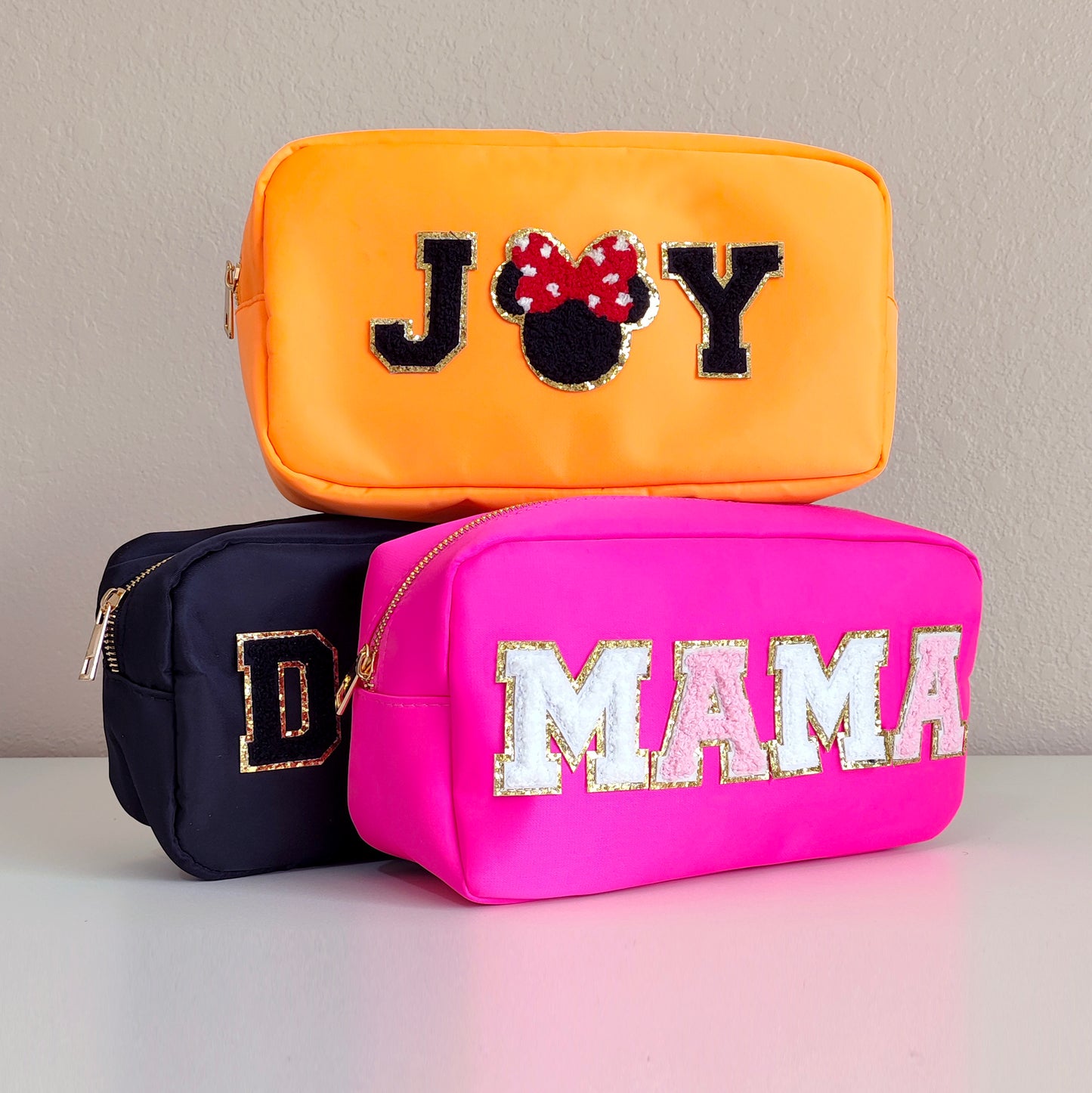 Sewn Patches Large Cosmetic Bag Personalized Nylon Makeup Bag Custom Pouch Chenille Patch Large Size Travel Case Large Toiletry spf Bag Bride Gift