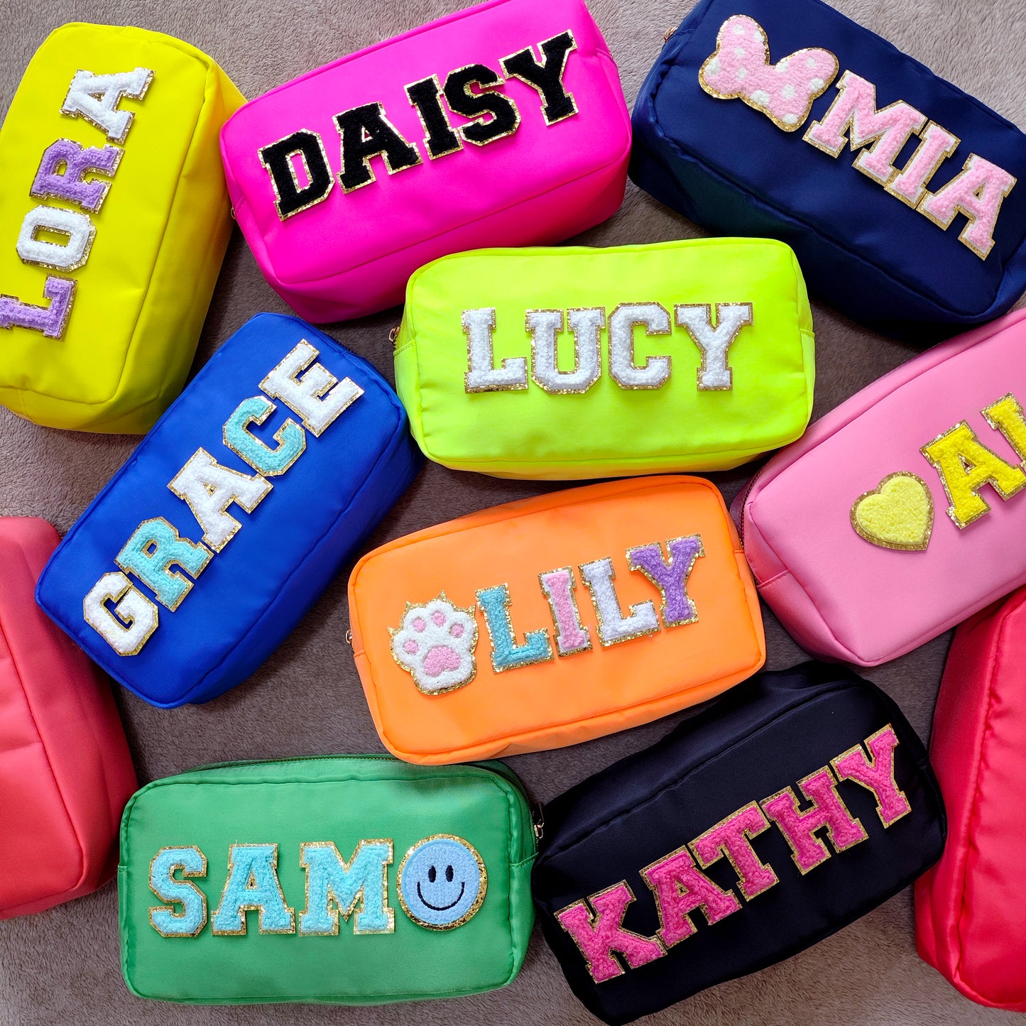 Sewn Patches Large Cosmetic Bag Personalized Nylon Makeup Bag Custom Pouch Chenille Patch Large Size Travel Case Large Toiletry spf Bag Bride Gift