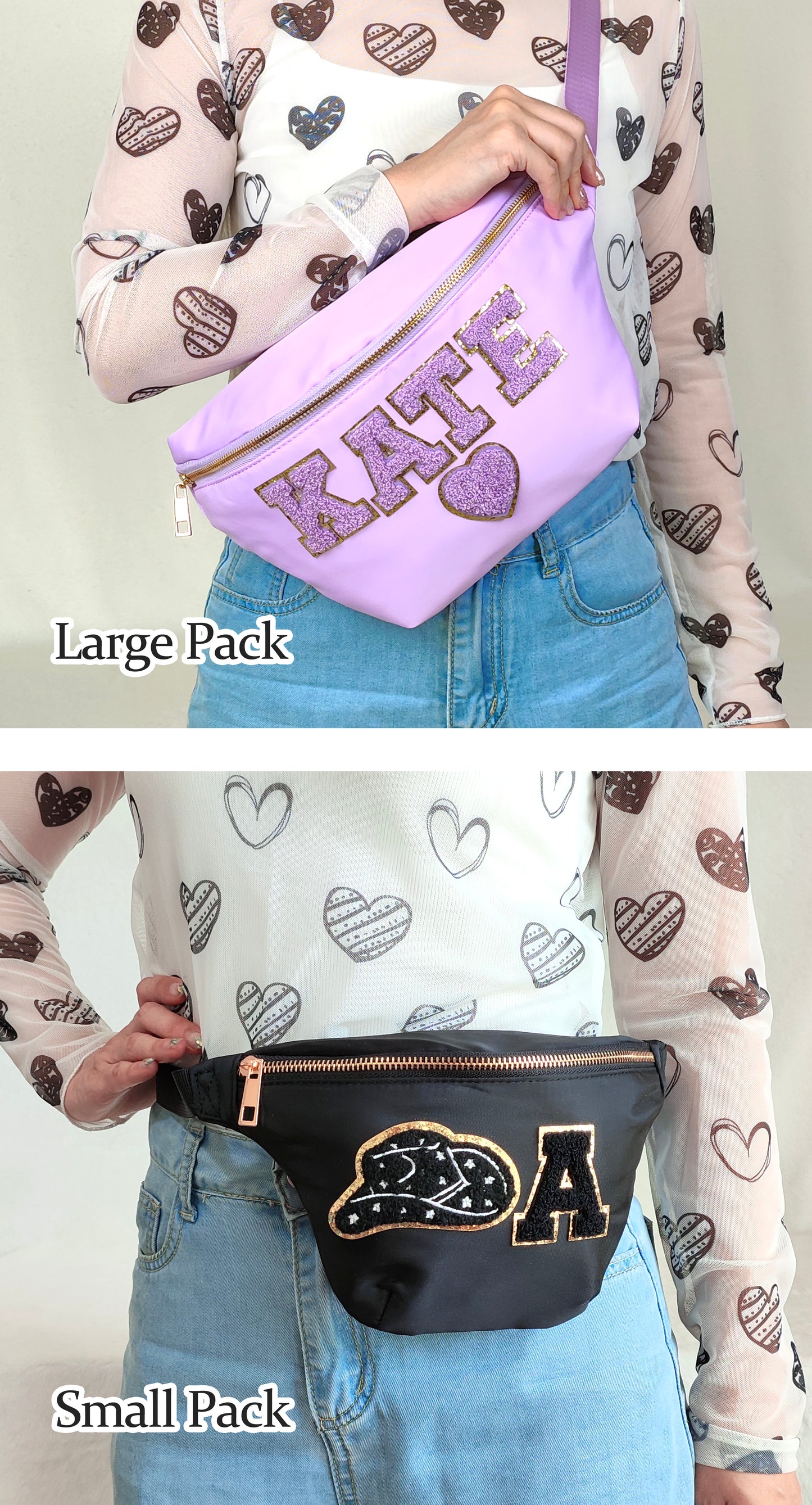 Custom Jumbo Fanny Pack Sewn On Patches Personalized XL Size Fanny Pack Chenille Monogram X-Large Crossbody Bag Belt Chest Shoulder Sling Bag