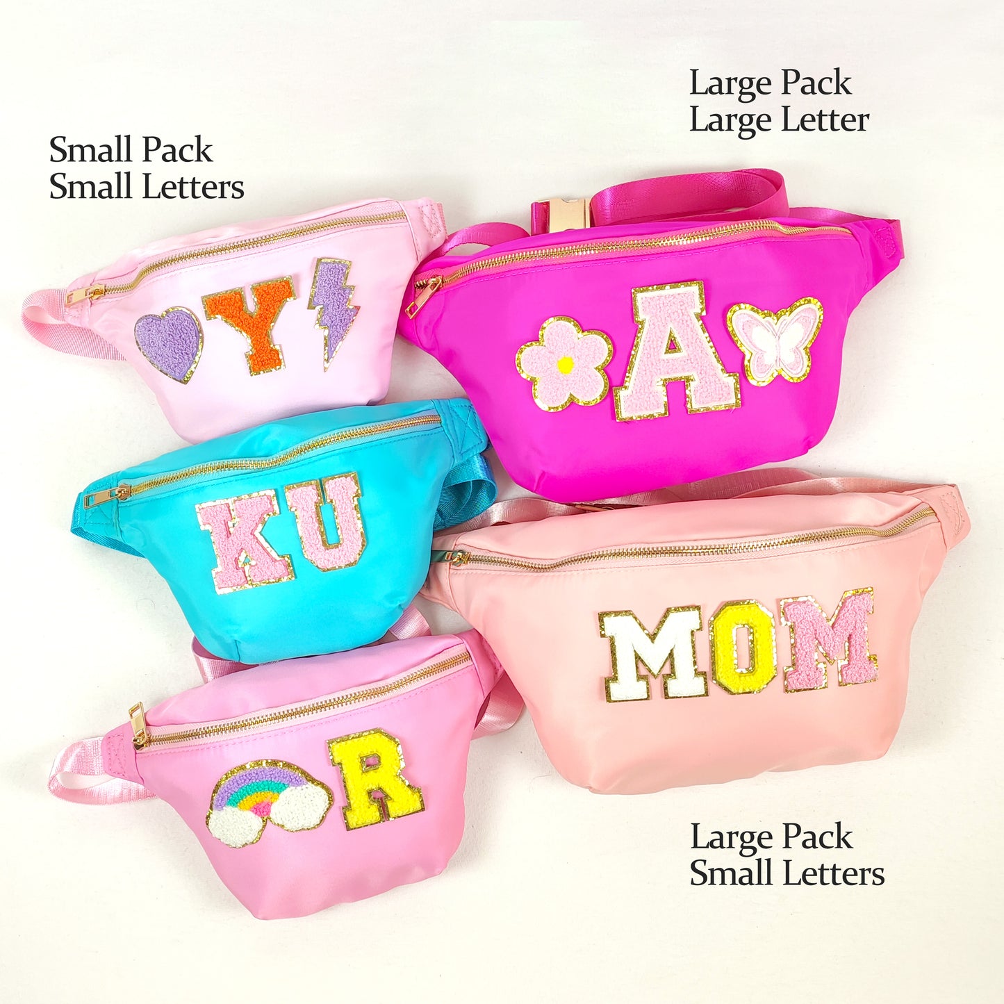 Custom Jumbo Fanny Pack Sewn On Patches Personalized XL Size Fanny Pack Chenille Monogram X-Large Crossbody Bag Belt Chest Shoulder Sling Bag