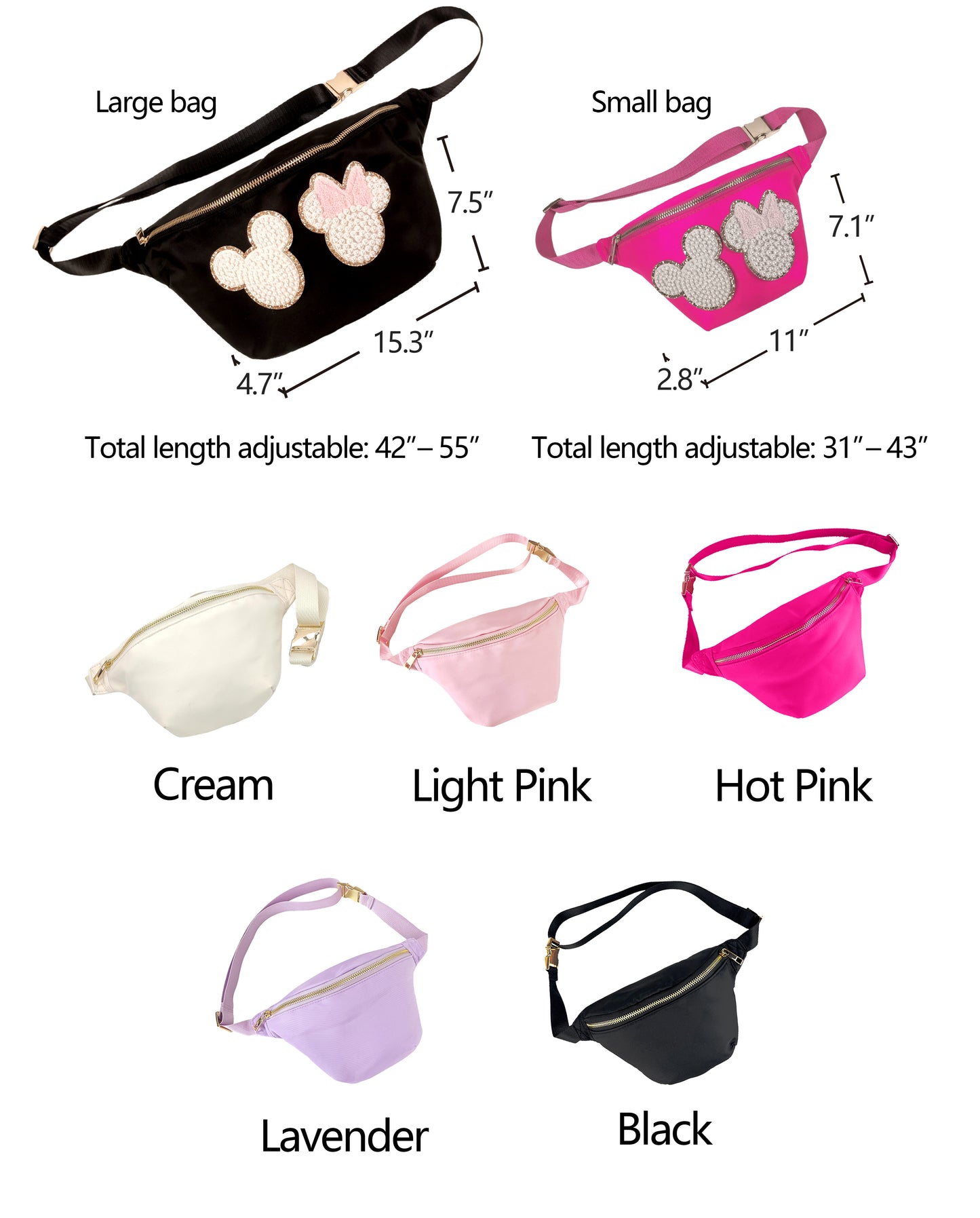 Mouse Fanny Pack Sewn On Patches Jumbo XL Size Fanny Pack Chenille Monogram X-Large Crossbody Bag Belt Chest Shoulder Sling Bag