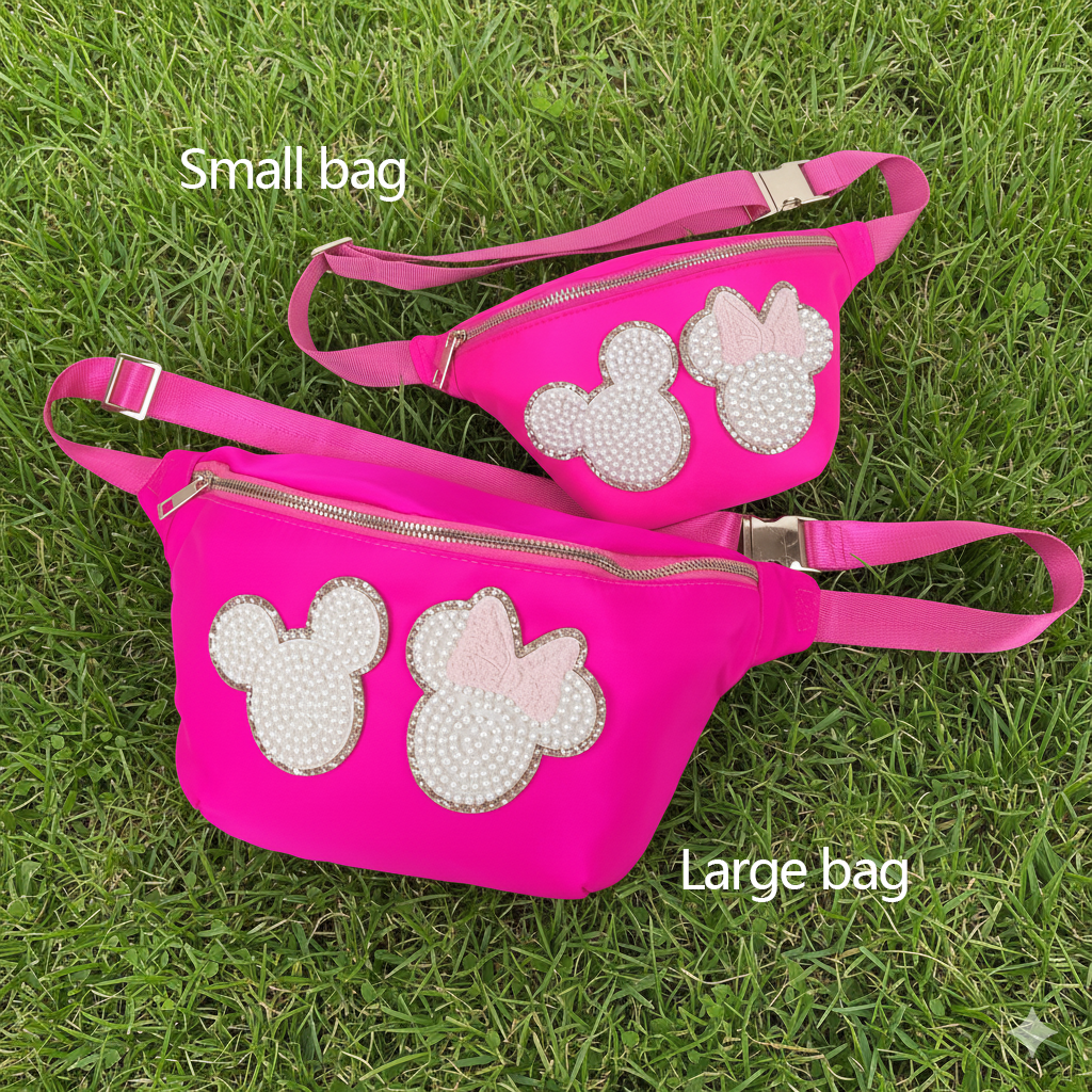 Mouse Fanny Pack Sewn On Patches Jumbo XL Size Fanny Pack Chenille Monogram X-Large Crossbody Bag Belt Chest Shoulder Sling Bag