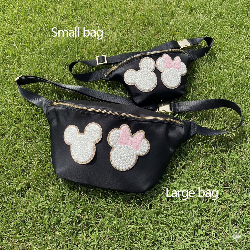 Mouse Fanny Pack Sewn On Patches Jumbo XL Size Fanny Pack Chenille Monogram X-Large Crossbody Bag Belt Chest Shoulder Sling Bag