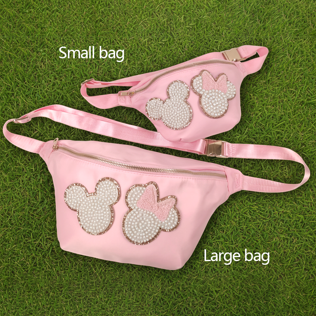 Mouse Fanny Pack Sewn On Patches Jumbo XL Size Fanny Pack Chenille Monogram X-Large Crossbody Bag Belt Chest Shoulder Sling Bag