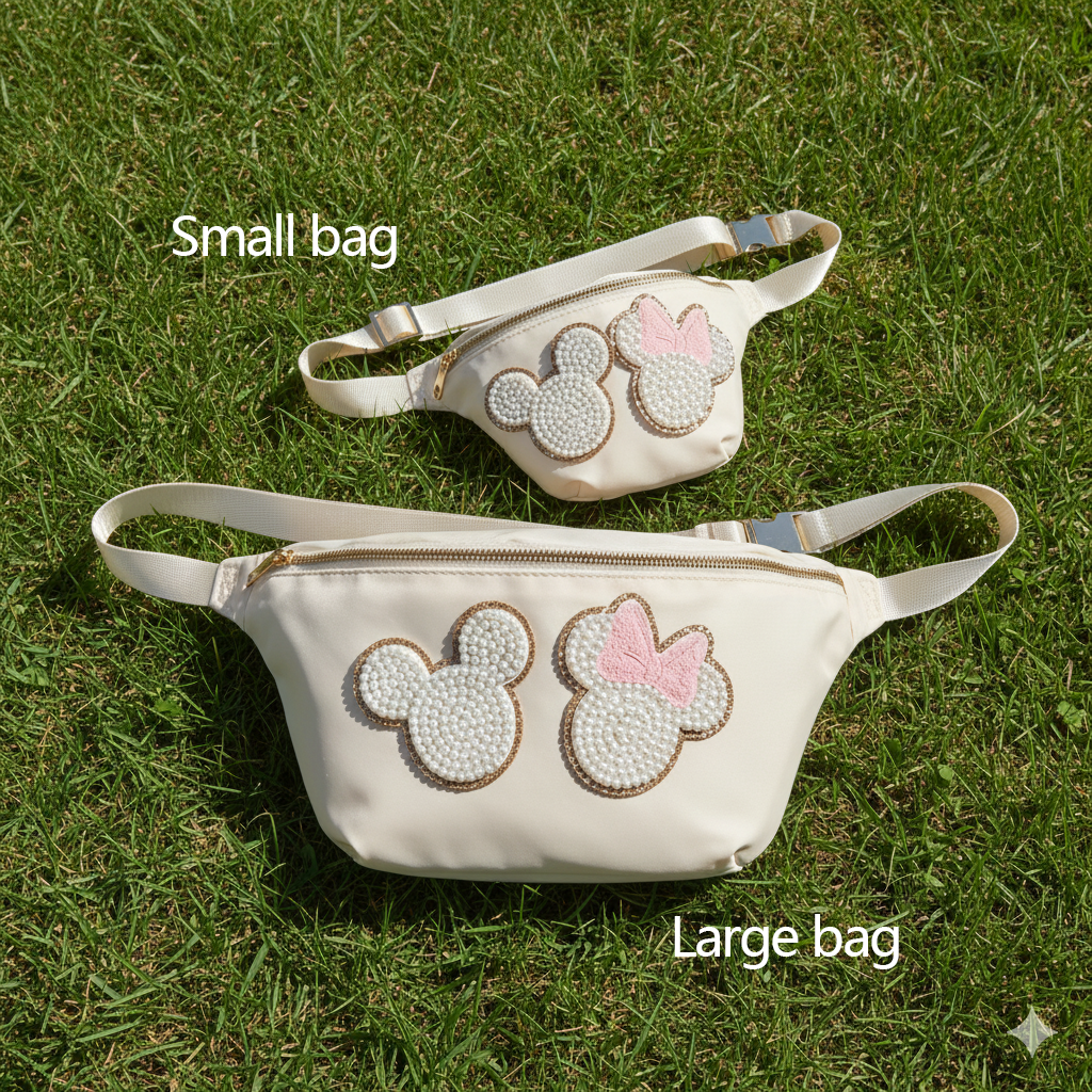 Mouse Fanny Pack Sewn On Patches Jumbo XL Size Fanny Pack Chenille Monogram X-Large Crossbody Bag Belt Chest Shoulder Sling Bag