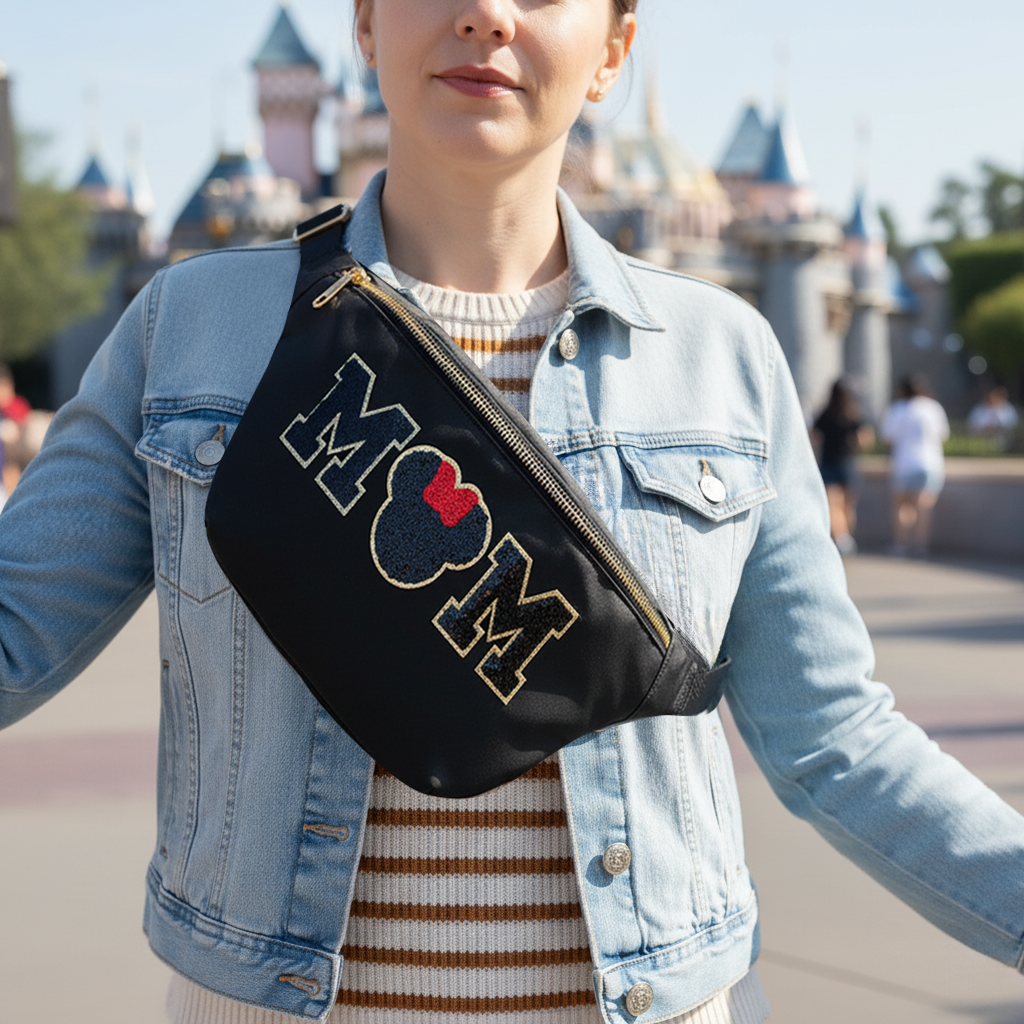 Mouse Fanny Pack Mom Fanny Pack Sewn On Patches Jumbo XL Size Fanny Pack Mama Mother Chenille Monogram X-Large Crossbody Bag Belt Chest Shoulder Sling Bag