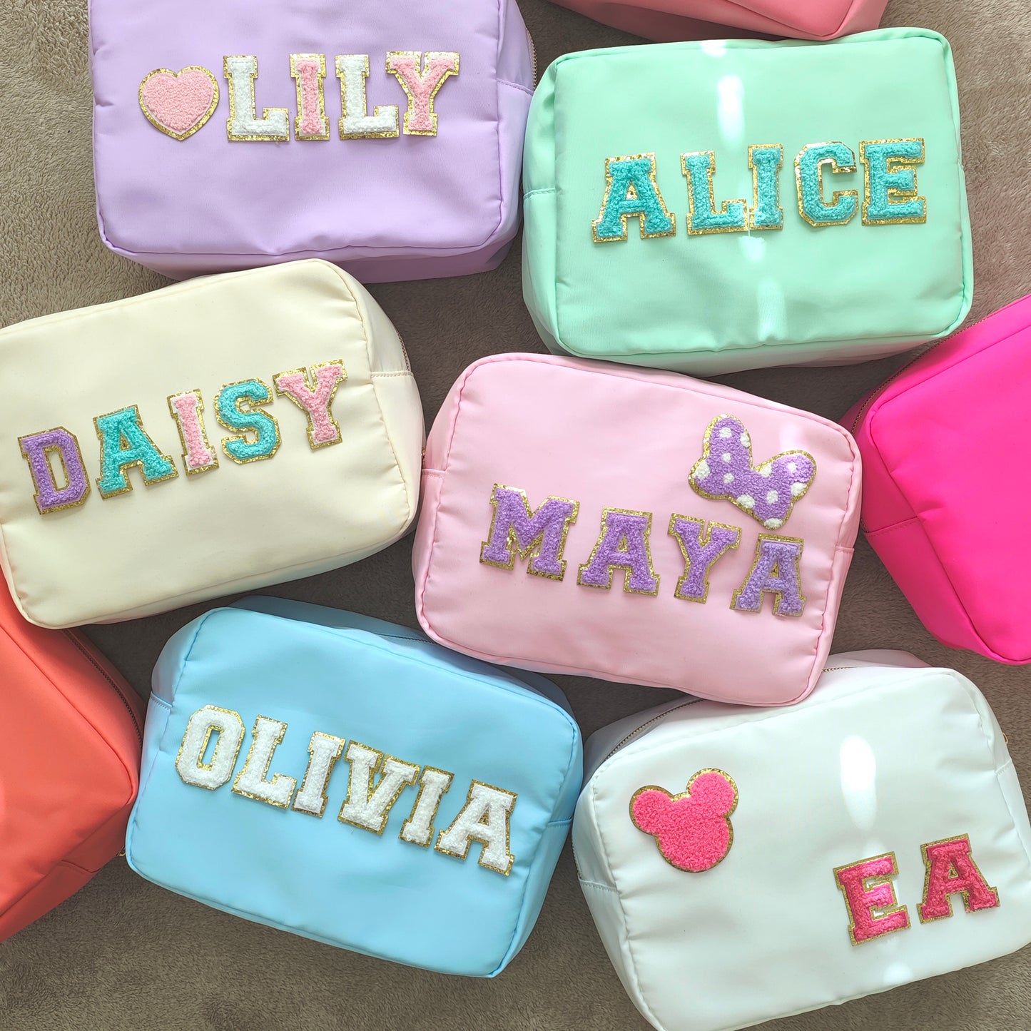 Sewn Patches XL Cosmetic Bag Personalized Makeup Nylon Bag Custom Pouch Chenille Patch X-Large Travel Case Large Toiletry spf Bag Bridesmaid Gift