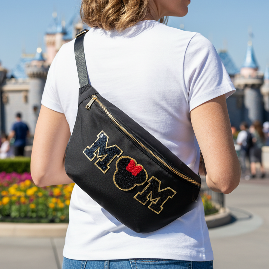 Mouse Fanny Pack Mom Fanny Pack Sewn On Patches Jumbo XL Size Fanny Pack Mama Mother Chenille Monogram X-Large Crossbody Bag Belt Chest Shoulder Sling Bag