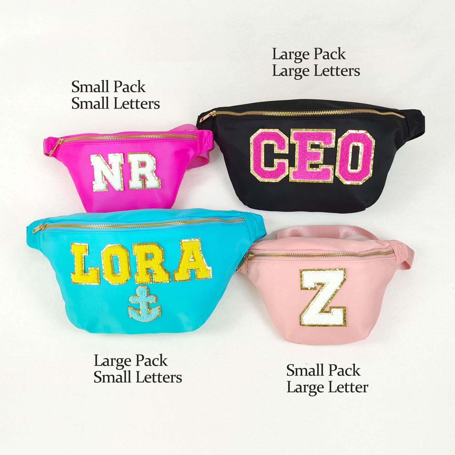 Custom Jumbo Fanny Pack Sewn On Patches Personalized XL Size Fanny Pack Chenille Monogram X-Large Crossbody Bag Belt Chest Shoulder Sling Bag