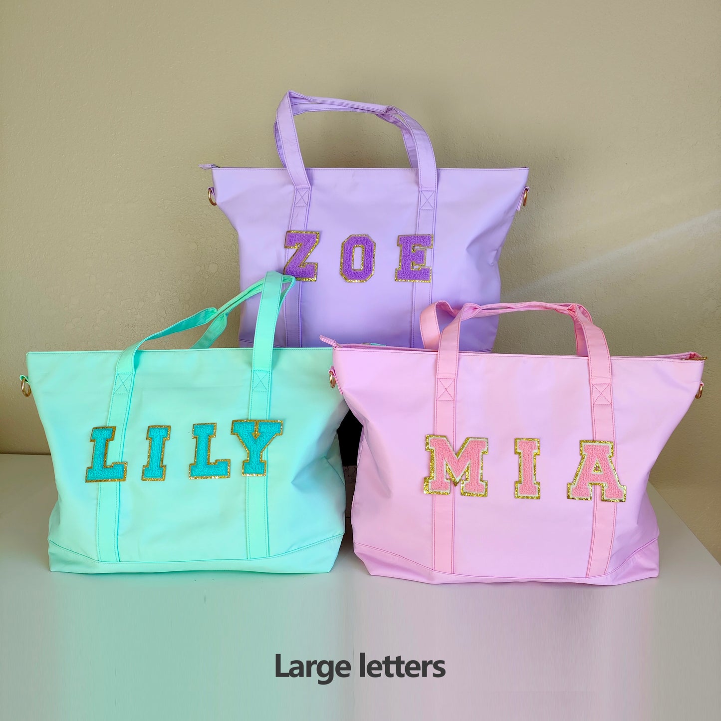 Sewn Patches Tote Bag Personalized Nylon Tote Bag Chenille Letter Patch Custom Overnight Weekend Travel Gym Bag Customizable