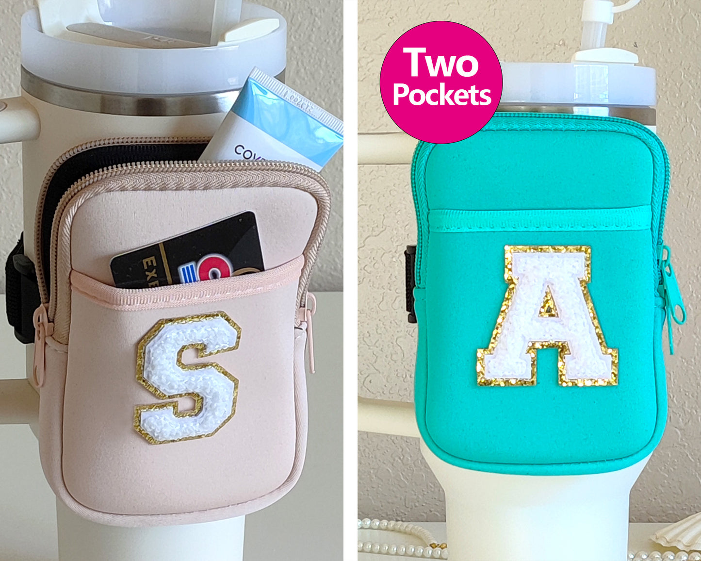 2 pockets Custom Stanley Tumbler Pouch Personalized Water Bottle Bag Chenille Pouch Fanny Pack 40oz 30oz Stanley Cup Accessories Bridesmaid Gifts Mom