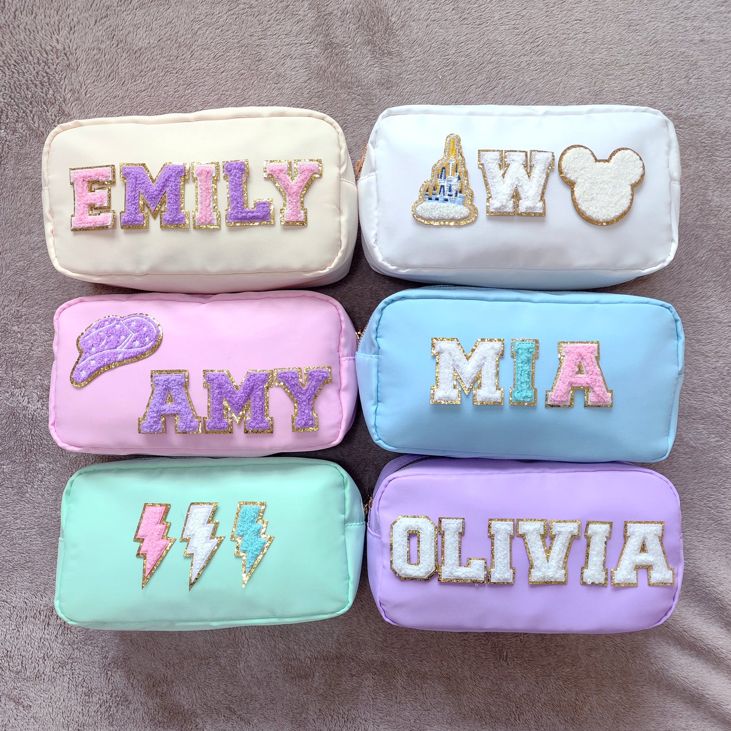 Sewn Patches Large Cosmetic Bag Personalized Nylon Makeup Bag Custom Pouch Chenille Patch Large Size Travel Case Large Toiletry spf Bag Bride Gift