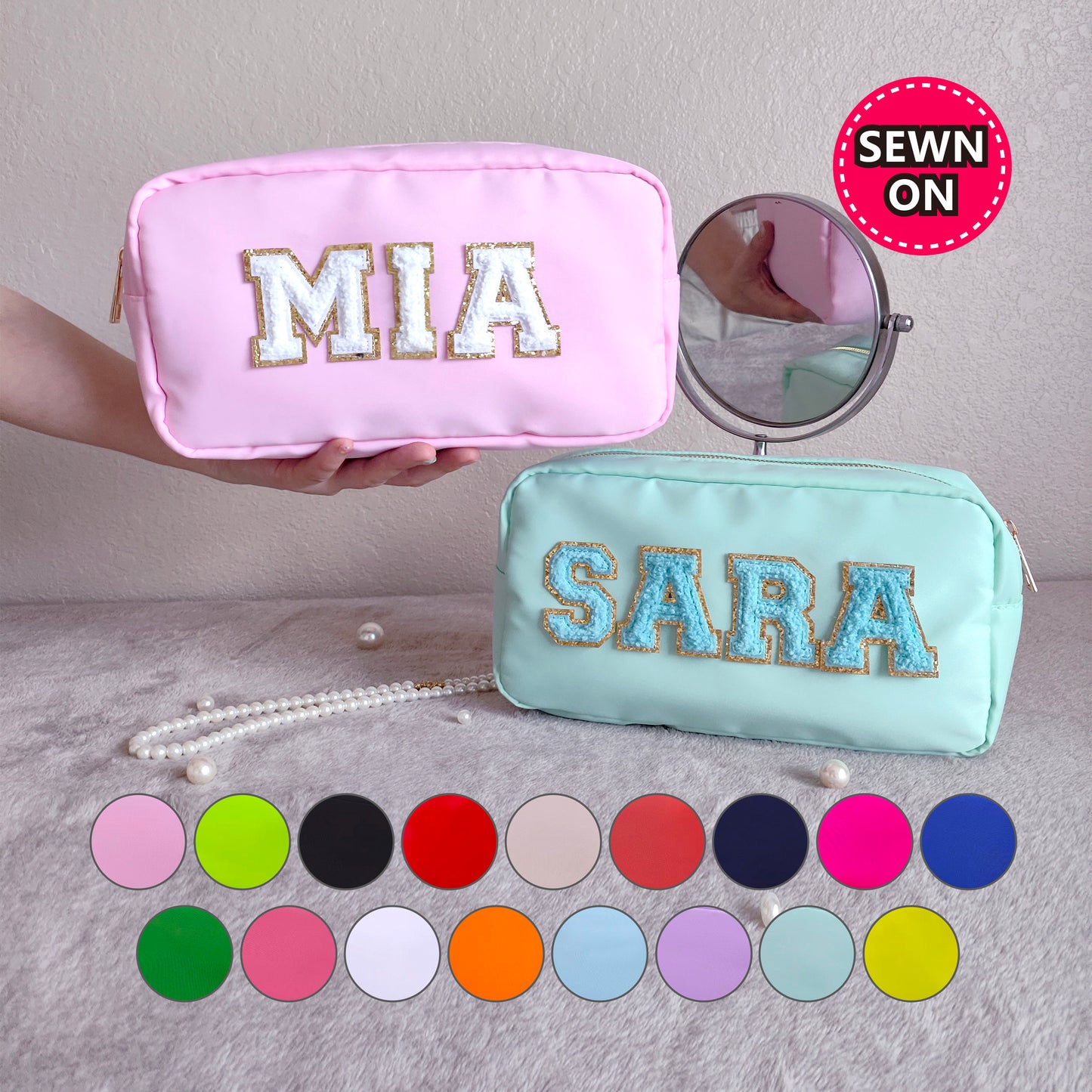 Sewn Patches Large Cosmetic Bag Personalized Nylon Makeup Bag Custom Pouch Chenille Patch Large Size Travel Case Large Toiletry spf Bag Bride Gift