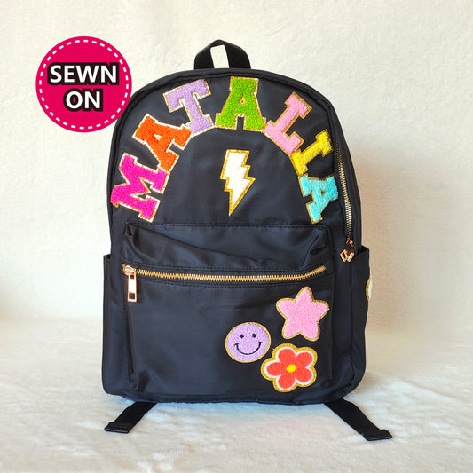 Sewn Patches Backpack Personalized Nylon Backpack with Patch Chenille Letter Custom School Bag Kids Back to School Lunch Box Bag Lunch Bag