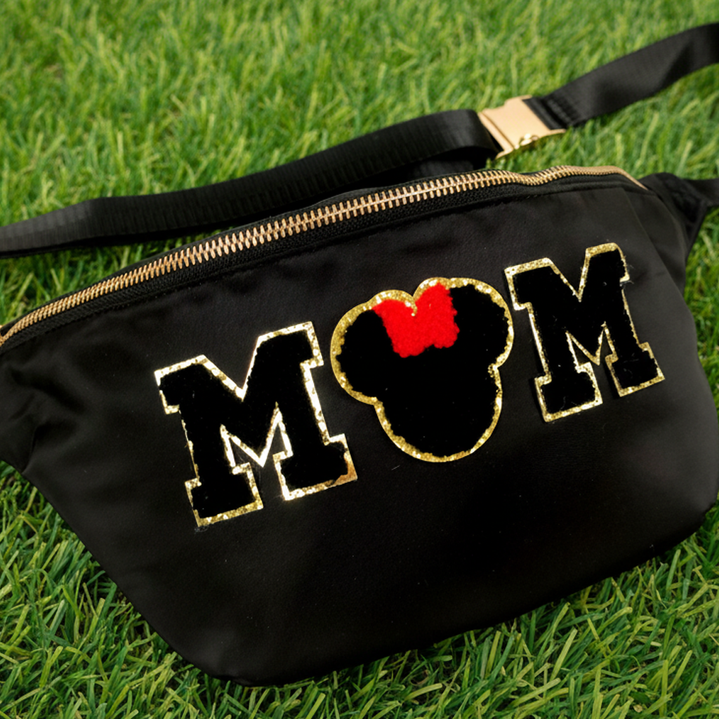 Mouse Fanny Pack Mom Fanny Pack Sewn On Patches Jumbo XL Size Fanny Pack Mama Mother Chenille Monogram X-Large Crossbody Bag Belt Chest Shoulder Sling Bag