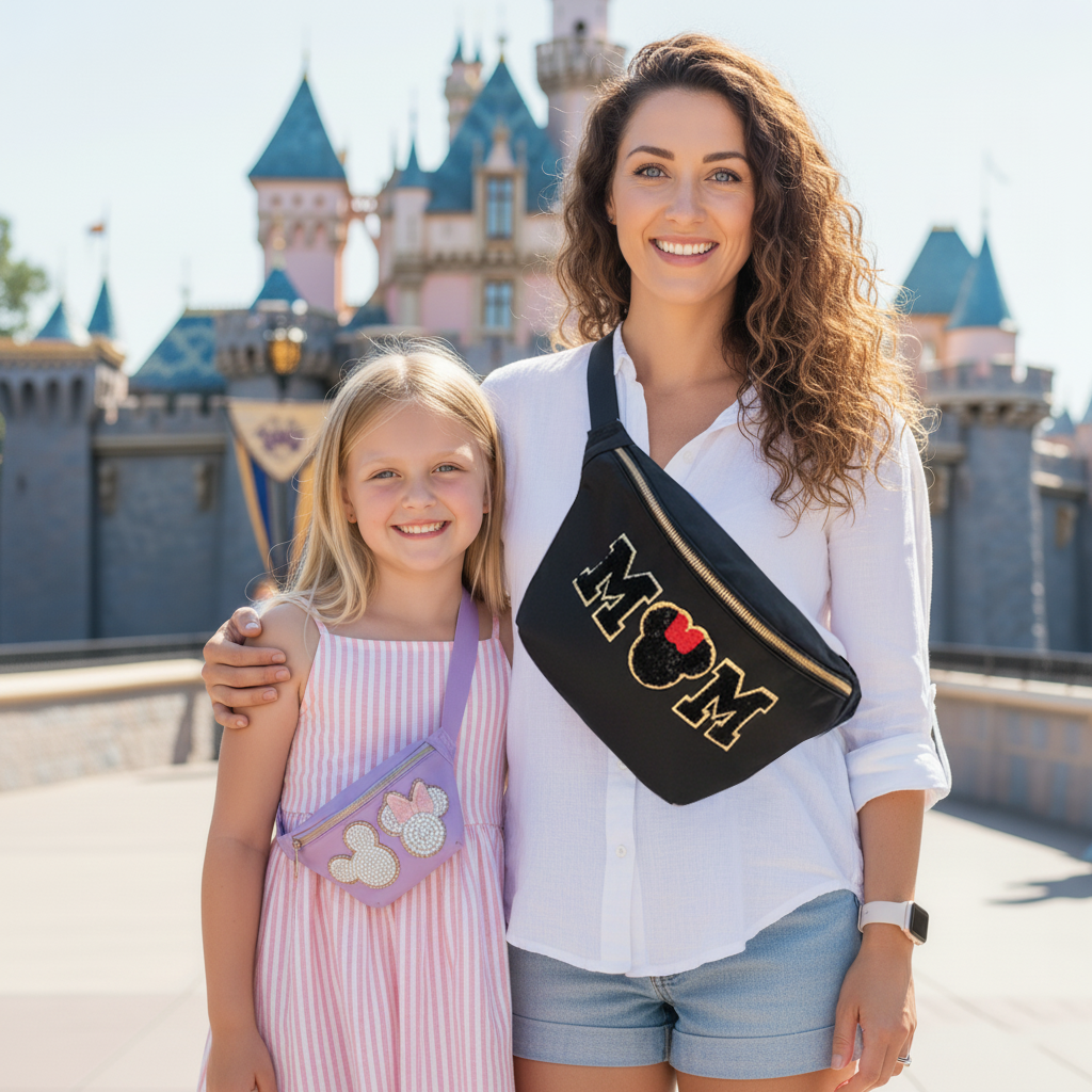 Mouse Fanny Pack Mom Fanny Pack Sewn On Patches Jumbo XL Size Fanny Pack Mama Mother Chenille Monogram X-Large Crossbody Bag Belt Chest Shoulder Sling Bag