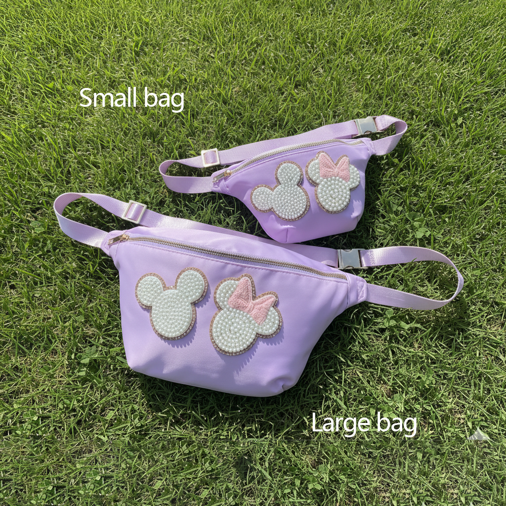 Mouse Fanny Pack Sewn On Patches Jumbo XL Size Fanny Pack Chenille Monogram X-Large Crossbody Bag Belt Chest Shoulder Sling Bag